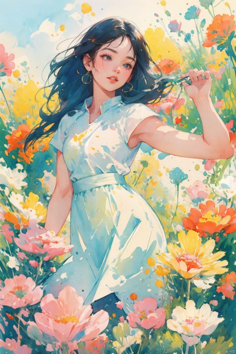 (bestquality), masterpiece, (ultra-detailed), illustration, 8k wallpaper, (extremely detailed CG unity 8k wallpaper), (extremely detailed eyes and face), huge filesize, game cg, llustration style,dream ,A Sunshine Laughs girl with black hair and black eyes, field, Holding a magic wand in hand,8k, clear details, rich picture, nature background, flat color, vector illustration, watercolor, dancing, and joyful, Chinese style, cute girl, bpstyle,