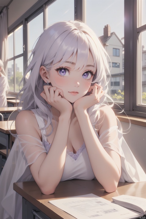  HD picture quality, a beautiful girl, white hair, long hair shawl, purple pupils, gentle and affectionate eyes, beautiful eyes, delicate facial features, gorgeous and sweet white dress, hands on the table, window, sunlight, classroom desk,
