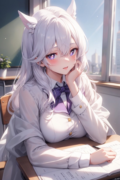  HD picture quality, a beautiful girl, white hair, long hair shawl, purple pupils, gentle and affectionate eyes, beautiful eyes, delicate facial features, white school uniform,  window, sunlight, classroom desk,homework, hand holding a pen in the homework,cold goddess