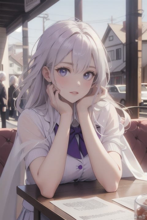  HD picture quality, a beautiful girl, white hair, long hair shawl, purple pupils, gentle and affectionate eyes, beautiful eyes, delicate facial features, white school uniform, walking on the street, cars, many houses