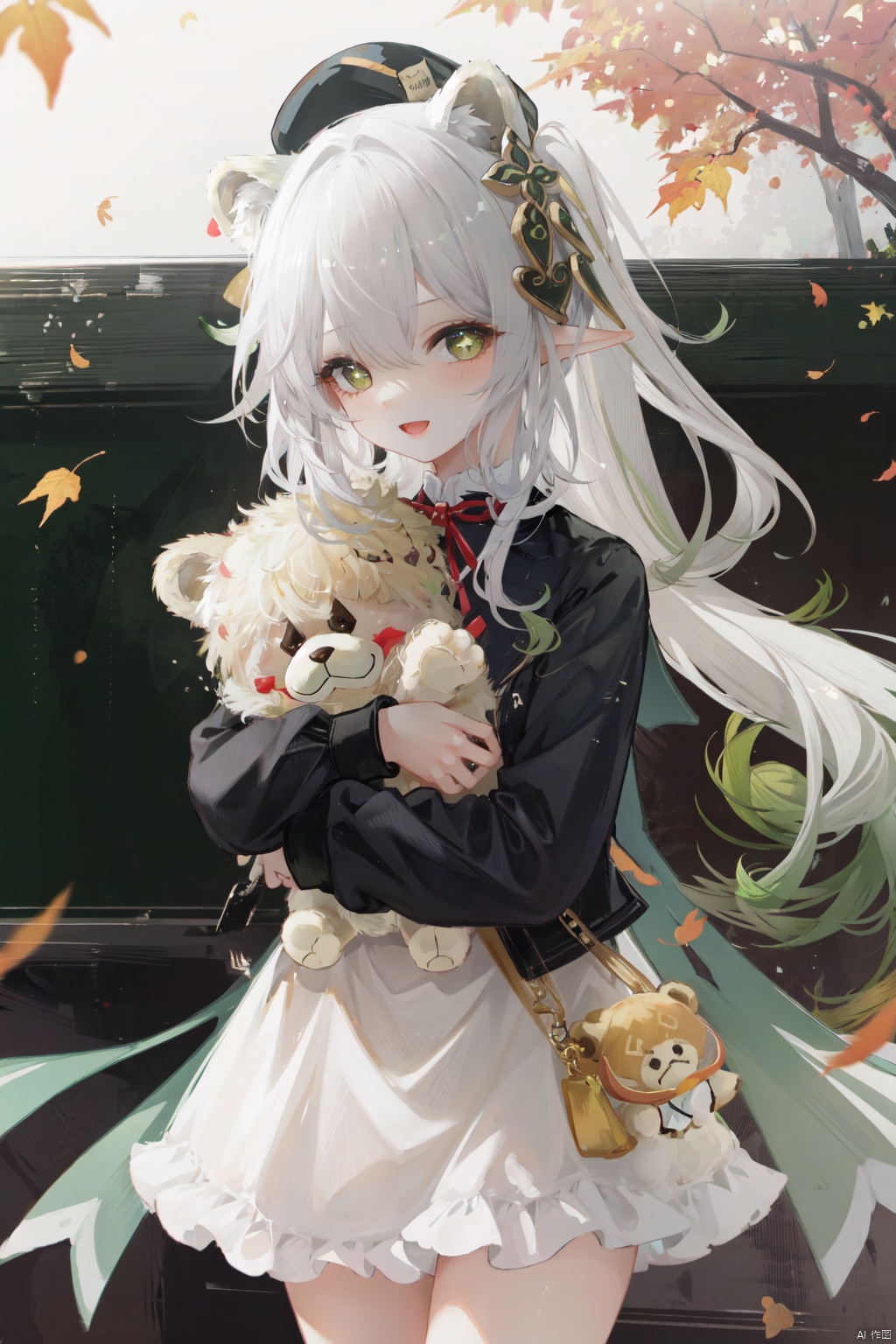  1girl, solo, stuffed toy, animal ears, stuffed animal, bag, teddy bear, autumn leaves, smile, long hair, looking at viewer, long sleeves, skirt, leaf, shirt, blush, open mouth, object hug, white shirt, bear ears, bell, ribbon, school uniform, sailor collar, bangs, hat,
, nahida