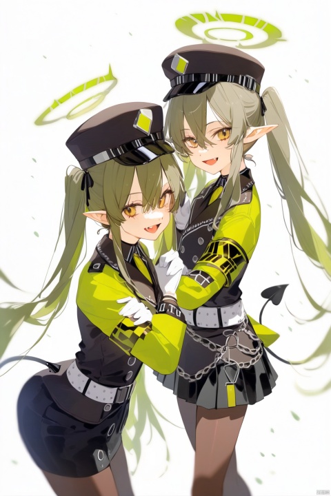 long hair, looking at viewer, smile, open mouth, bangs, multiple girls, skirt, simple background, gloves, long sleeves, hat, white background, 2girls, hair between eyes, twintails, very long hair, jacket, tail, yellow eyes, pantyhose, green hair, pointy ears, fang, belt, white gloves, black skirt, uniform, siblings, halo, demon tail, armband, twins