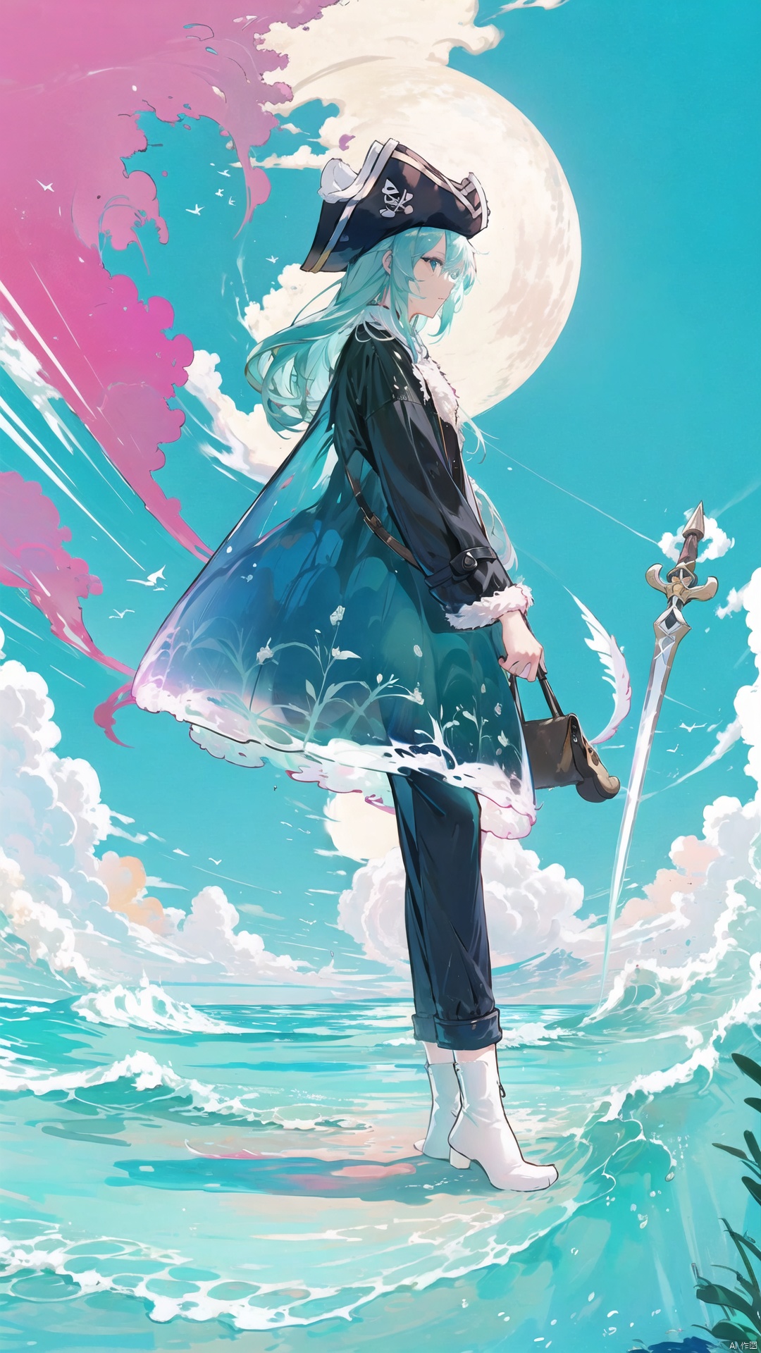 miku,pirate,ship,sea,sky,clouds,sun,parrot,hat,coat,pants,boots,sword,gun,treasure,map,blue,red,white,cool,adventurous,exciting,foreground,middle ground,background,angle,side view,light,bright,sharp,color,contrasting,atmosphere,thrilling,anime