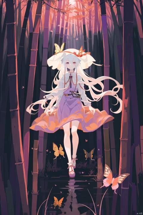 Full body, 1girl, solo, Yukari Yakumo, (white hair), (red and gold eyes), gap youkai, pink and purple dress, black hat, butterfly wings, long sleeves, standing, outdoor, forest, bamboo, mist, moonlight.