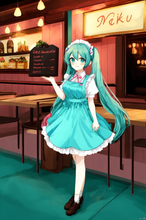 Miku, :3, Waitress, pink dress, long turquoise hair, menu, full body, looking at viewer, restaurant background, colors, Miku