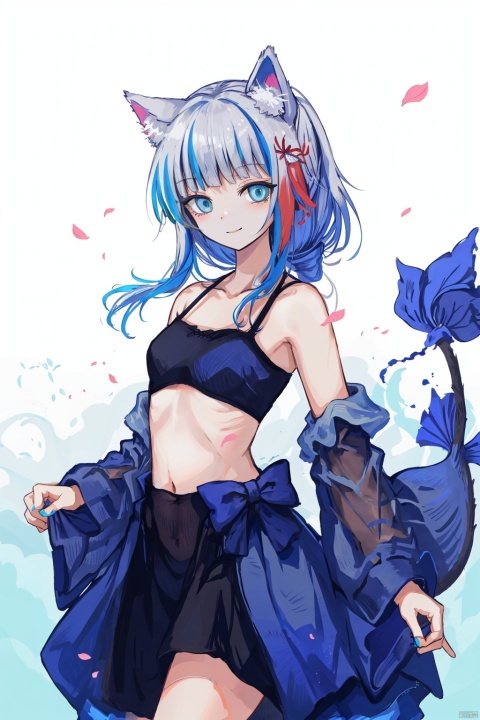 nai3, 1girl, animal ears, cat ears, gawr gura, virtual youtuber, tail, solo, streaked hair, blue eyes, navel, multicolored hair, dress, smile, looking at viewer, thighhighs, bangs, cherry blossom tree, side ponytail, blue dress, fish tail, shark tail, grey hair, hair ornament, blue hair, blunt bangs, bare arms, midriff, zettai ryouiki, stomach, closed mouth, cat tail, long hair, bare shoulders, ribbon, collarbone, frills, petals, pink background