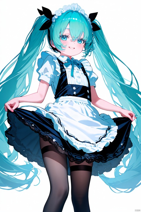 Hatsune Miku, maid outfit, turquoise twintails with matching bow, blue eyes, French maid dress in black and white, lace-trimmed white apron, satin ribbons, thigh-high stockings with lace, platform Mary Jane shoes, gracefully lifting the hem of her skirt with both hands, cheerful smile, white backdrop.