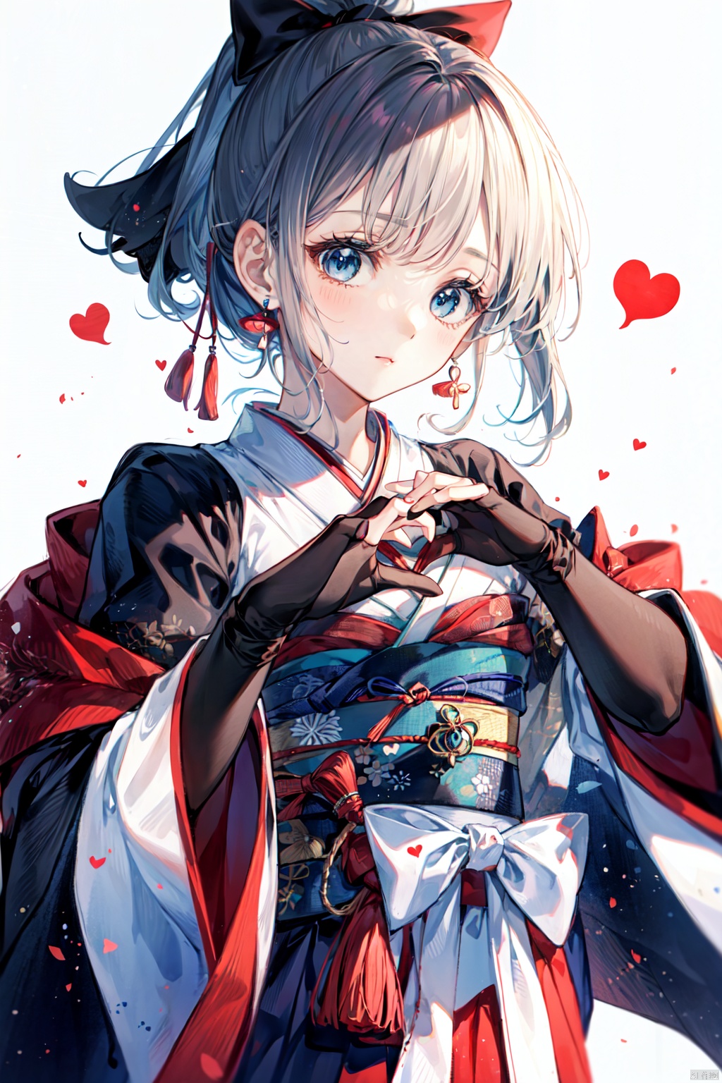 1girl, solo, long hair, looking at viewer, bangs, blue eyes, skirt, simple background, long sleeves, white background, ribbon, jewelry, closed mouth, ponytail, grey hair, heart, earrings, japanese clothes, open clothes, wide sleeves, kimono, hands up, black shirt, ?, hakama, bridal gauntlets, hakama skirt, heart hands, haori