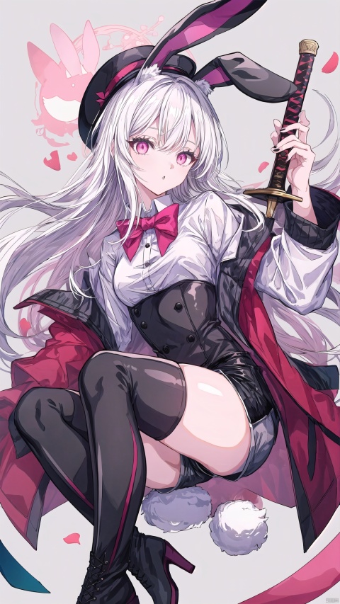  1girl, solo, long hair, looking at viewer, shirt, thighhighs, long sleeves, hat, animal ears, tail, white shirt, weapon, white hair, boots, food, shorts, sword, pink eyes, black footwear, rabbit ears, high heels, thigh boots, black shorts, rabbit tail, top hat, spoon, rabbit girl, backlight