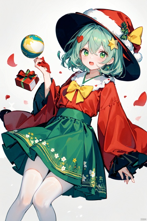 1girl, komeiji koishi, solo, hat, third eye, skirt, green eyes, green skirt, shirt, yellow shirt, bow, heart, white background, long sleeves, heart of string, simple background, black headwear, looking at viewer, ribbon, hat ribbon, frills, wide sleeves, frilled sleeves, eyeball, wavy hair, hair between eyes, frilled shirt collar, bangs, hat bow, blouse, yellow ribbon, green hair, cowboy shot, grey hair, yellow bow, collared shirt, medium hair, backlight, colors, white pantyhose, cherry_blossoms, confetti, falling_petals, floral_print, flower, hair_flower, hair_ornament, interlocked_fingers, japanese_clothes, jewelry, kimono, open_mouth, own_hands_together, petals, pink_dress, rose_petals, sandals, presentbox,star hair ornament,gift box,jingle bell,santa costume,santa gloves,star hair ornament,christmas wreath,santa hat