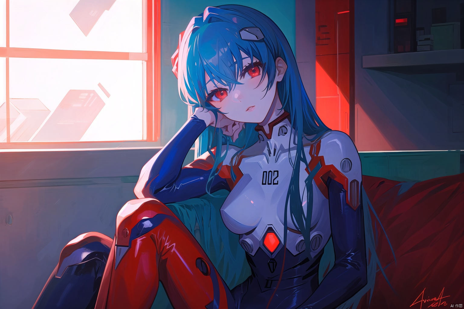 1girl, solo, long hair, breasts, looking at viewer, bangs, red eyes, hair between eyes, sitting, blue hair, indoors, signature, lips, head tilt, bodysuit, , alternate hairstyle, EVANGELION,eva , plugsuit, white bodysuit, ayanami rei,illustration