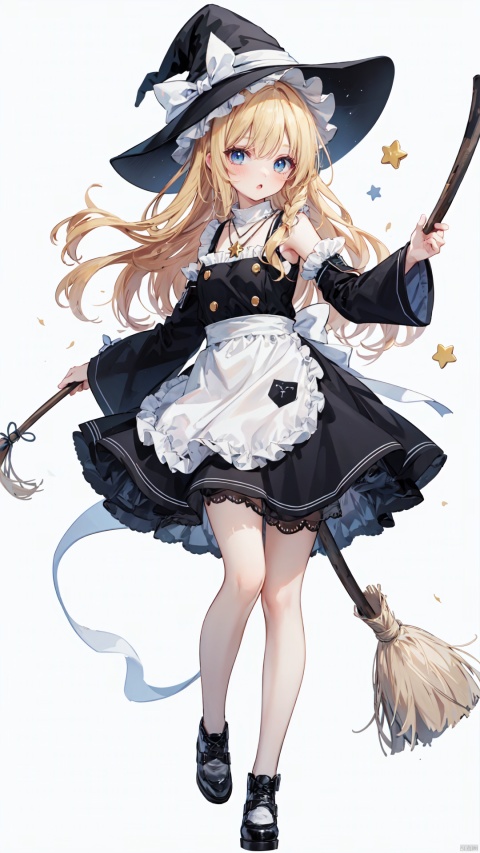 1girl, kirisame marisa, blonde hair, blue eyes, hat, witch hat, black hat, white ribbon, ribbon, bow, dress, black dress, white dress, frills, apron, white apron, detached sleeves, black sleeves, white sleeves, solo, smile, looking at viewer, simple background, white background, long hair, hair over shoulder, broom, flying broom, magic, star, star shape, star pendant, pendant, necklace, jewelry, full body, flying, pose, cute, colors, highres