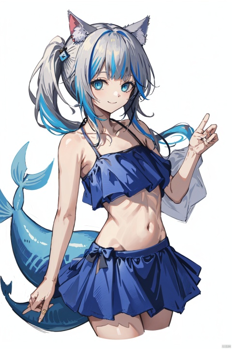 nai3, 1girl, animal ears, cat ears, gawr gura, virtual youtuber, tail, solo, streaked hair, blue eyes, navel, multicolored hair, skirt, smile, looking at viewer, cropped legs, bangs, white background, side ponytail, simple background, blue skirt, fish tail, shark tail, grey hair, hair ornament, blue hair, blunt bangs, bare arms, midriff, cowboy shot, stomach, closed mouth, cat tail, long hair, bare shoulders, swimsuit, collarbone, bikini, animal ear fluff, miniskirt