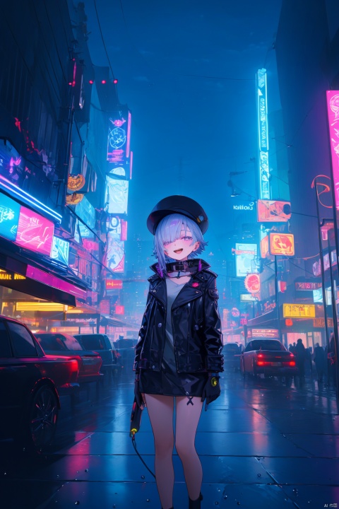 1musician, cyberpunk city, neon lights, medium shot, androgynous focus, playing guitar, content smile, half-open mouth, violet eyes, cybernetic enhancements, silver hair, hair slicked back, high collar, leather gloves, fingerless, violet jacket, glowing tattoos, holographic display, cityscape, towering skyscrapers, reflective surfaces, raindrops, blue fedora, hand on hat, neon sign reflection, shallow depth of field, night glow, light streaks