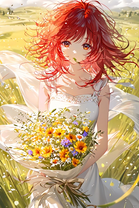  a girl with bright red hair,wearing a sundress and holding a bouquet of wildflowers,standing in a field of tall grass with a soft breeze blowing through,close up. BREAK the scene should capture the whimsical and carefree style of Sakimichan,with a sense of peace and tranquility in the air.,CGArt Illustrator,CJ painting,
