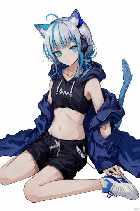 nai3, 1girl, animal ears, cat ears, gawr gura, virtual youtuber, tail, solo, streaked hair, blue eyes, navel, multicolored hair, hoodie, pout, looking away, shorts, bangs, white background, side ponytail, simple background, blue hoodie, fish tail, shark tail, grey hair, hair ornament, blue hair, blunt bangs, bare arms, midriff, stomach, closed mouth, cat tail, long hair, bare legs, sneakers, collarbone, headphones