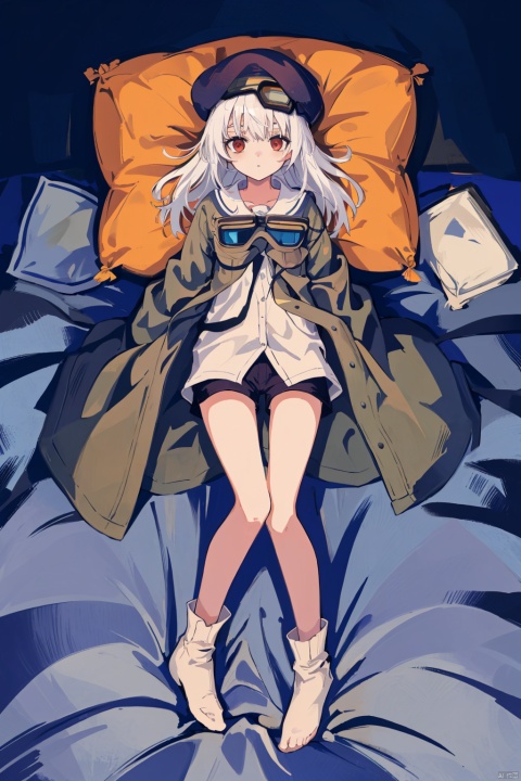  1girl,white hair,long hair,red eyes,(straight bang),(black beret,goggles),white shirt,(lying on bed,under a quilt,pillow),(full body,from above), yingjacket and yingshorts, backlight