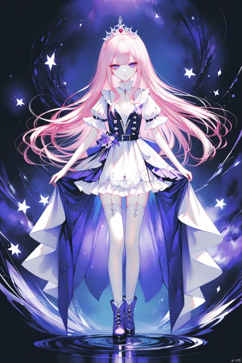 [iumu], [Sheya], [Artist chen bin], masterpiece, best quality, high quality, 1girl, solo, long hair, looking at viewer, confident, no bangs, magical outfit, short sleeves, pink hair, purple eyes, tiara, closed mouth, standing, full body, no braid, stockings, boots, no open clothes, alternate costume, no belt, no flowing bangs, no glasses, white and pink magical outfit, no tassel, purple boots.