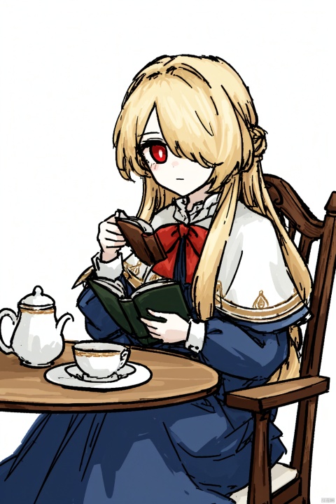 1girl, solo, long hair, looking at viewer, blonde hair, simple background, red eyes, white background, dress, bow, holding, sitting, closed mouth, food, hair over one eye, cup, book, capelet, bird, table, plate, teacup, open book, reading