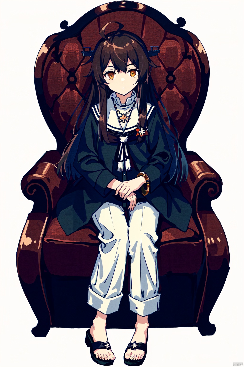  solo, long hair, looking at viewer, simple background, brown hair, black hair, long sleeves, 1girl, white background, jewelry, sitting, very long hair, full body, weapon, ahoge, male focus, pants, sword, necklace, bracelet, orange eyes, sandals, sheath, sheathed,little boy admiral (kancolle)