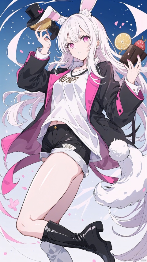  1girl, solo, long hair, looking at viewer, shirt, thighhighs, long sleeves, hat, animal ears, tail, white shirt, weapon, white hair, boots, food, shorts, sword, pink eyes, black footwear, rabbit ears, high heels, thigh boots, black shorts, rabbit tail, top hat, spoon, rabbit girl, backlight