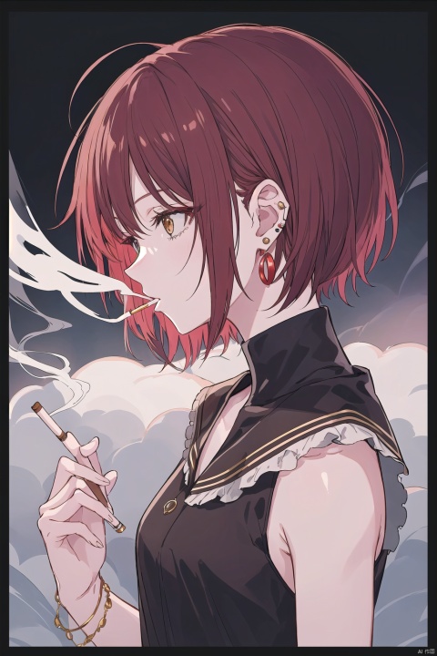 1girl, solo, short hair, bangs, brown hair, holding, jewelry, upper body, red hair, earrings, sleeveless, cloud, profile, border, letterboxed, smoke, cigarette, smoking