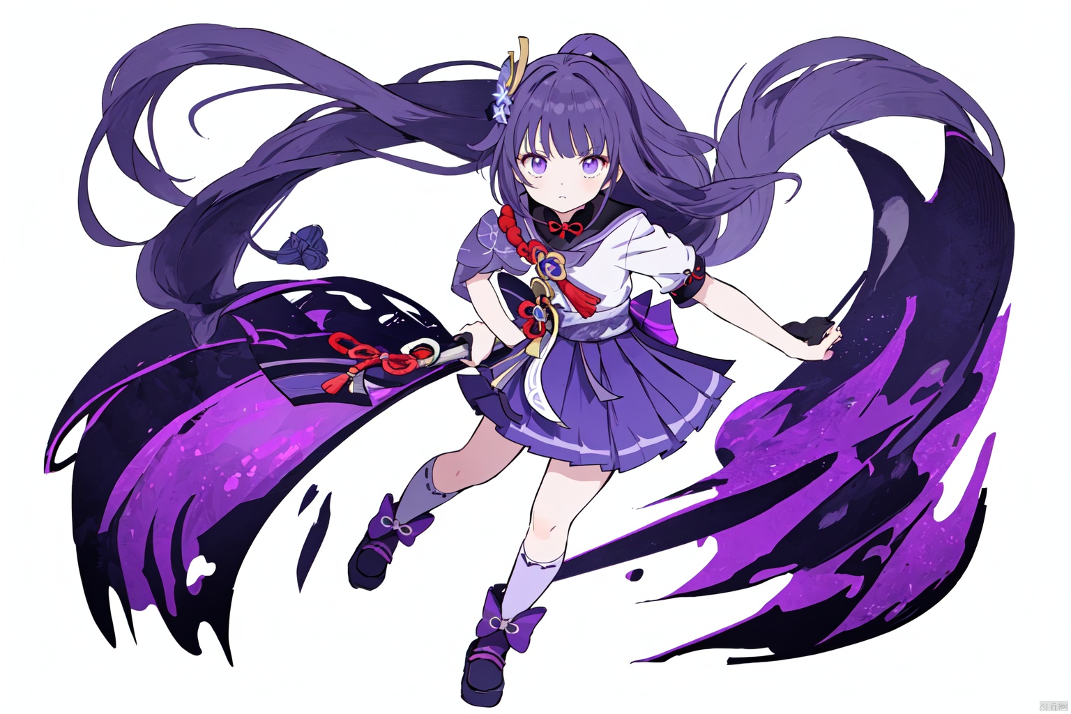 Raiden Shogun from Genshin Impact is portrayed as a cute anime schoolgirl. She is wearing a white t-shirt with purple letters "NE" and a black skirt. Her long dark violet hair is styled in a ponytail. The full-body shot features a standing pose against a colorful background in the style of a colorful cartoon. The artwork is characterized by cute digital art with simple design, simple lines, flat colors, cel shading, simple shapes, simple details, low detail, simple shading, no outline, no shadowing, and no gradient.