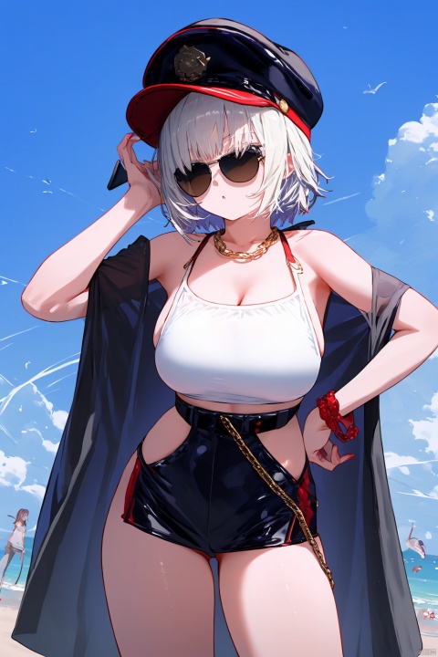 Edgy and youthful, sleek black one-piece with red trim, white tank top, red high-waisted bikini bottoms, gold chain belt, oversized sunglasses, casual white cap, slender figure, hip-leaning stance, cool demeanor."