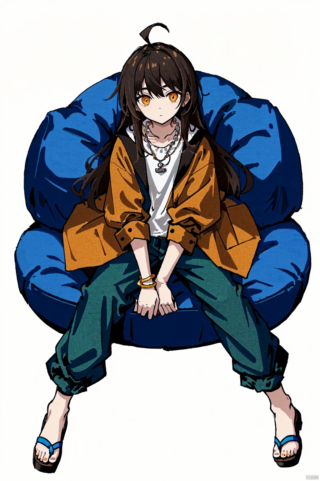  solo, long hair, looking at viewer, simple background, brown hair, black hair, long sleeves,  white background, jewelry, sitting, very long hair, full body, weapon, ahoge, male focus, pants, sword, necklace, bracelet, orange eyes, sandals, sheath, sheathed,little boy