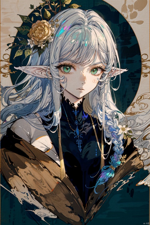 (((masterpiece, best quality))), 1 girl, close-up, portrait, highly detailed, elf ears, green eyes, long white hair, silver circlet, intricate tattoos, glowing runes, ethereal glow, forest background, soft focus, bokeh effect, lens flare, warm light, golden hour, green and gold theme, detailed background, leaves, flowers, vines, tree bark, moss, mushrooms, insects, butterflies, birds, looking at viewer, serious expression, closed mouth, sharp jawline, high cheekbones, full lips, long neck, elegant, regal, otherworldly, magical, mystical,///////////, 946231