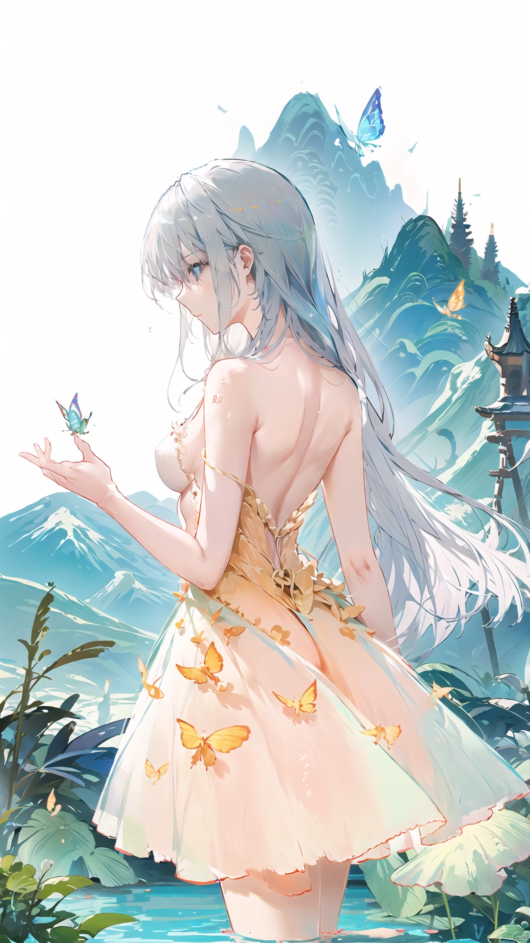 blue ru_qun,best_quality,head,original_outfit,hanfu,clear details,masterpiece, best_quality, clear details,1girl,garden background, butterfly on finger,blue eyes,white hair,long hair,big eyes ,yuzu,liquid clothes,girl,Anime,azur lane, Chinese style, best quality, Apricot eye,foreground,bridge,pond,lotus,background,mountains,pagoda,angle,side view,light,soft,warm,color,pastel,atmosphere,serene,elegant