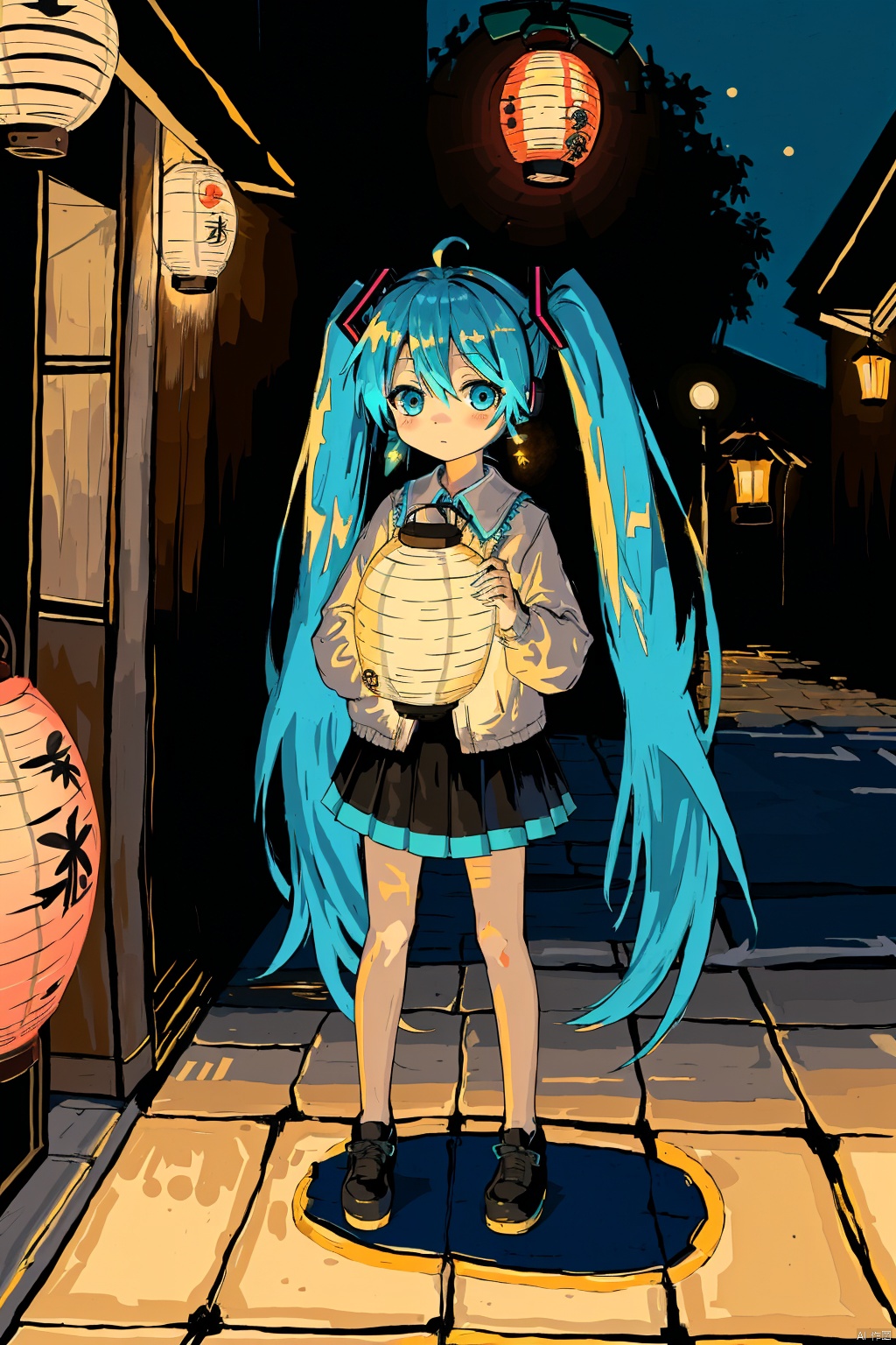 1girl, solo, long hair, skirt, shirt, hair ornament, holding, twintails, very long hair, blue hair, standing, full body, ahoge, pleated skirt, black skirt, chibi, star \(symbol\), aqua hair, night, glowing, lantern, | |, solid oval eyes, holding lantern, hatsune miku