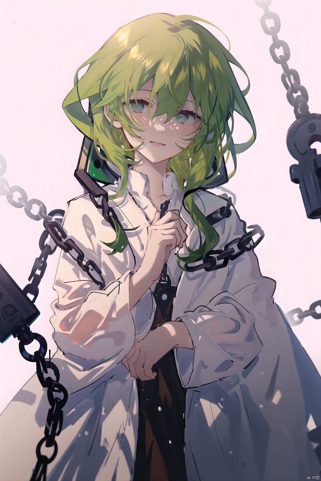 a portrait of Enkidu from Fate, a genderless clay doll with green hair and eyes, wearing a white robe, holding a chain in one hand and smiling gently