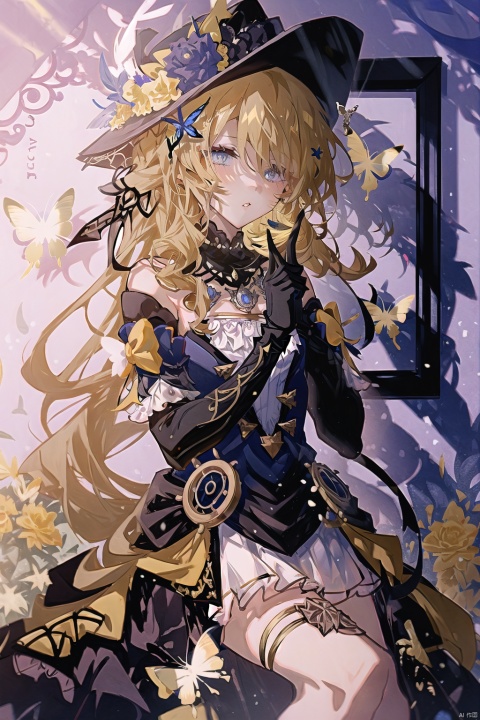  1girl, solo, long hair, looking at viewer, bangs, blue eyes, blonde hair, gloves, long sleeves, hat, dress, bow, holding, bare shoulders, jewelry, very long hair, flower, frills, parted lips, detached sleeves, black gloves, elbow gloves, hair over one eye, black dress, black headwear, rose, drill hair, bug, butterfly, single glove, yellow flower, hat flower, hat feather, picture frame, yellow butterfly, 1girl,blonde hair