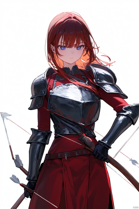 Female archer, intense eye contact, confident stance, auburn hair flowing, leather armor, metal accents, quiver of arrows, bow in hand, sharp focus, white background