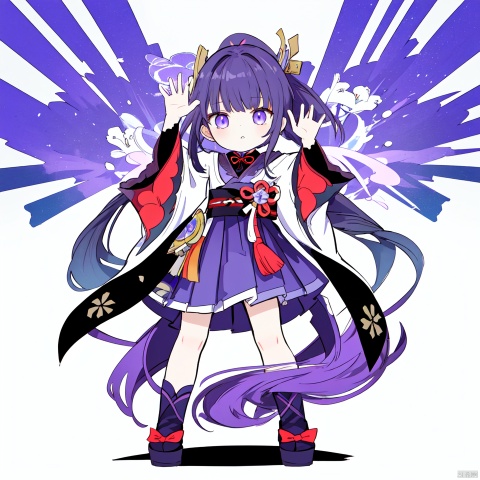 Raiden Shogun from Genshin Impact is portrayed as a cute anime schoolgirl. She is wearing a white t-shirt with purple letters "NE" and a black skirt. Her long dark violet hair is styled in a ponytail. The full-body shot features a standing pose against a colorful background in the style of a colorful cartoon. The artwork is characterized by cute digital art with simple design, simple lines, flat colors, cel shading, simple shapes, simple details, low detail, simple shading, no outline, no shadowing, and no gradient.