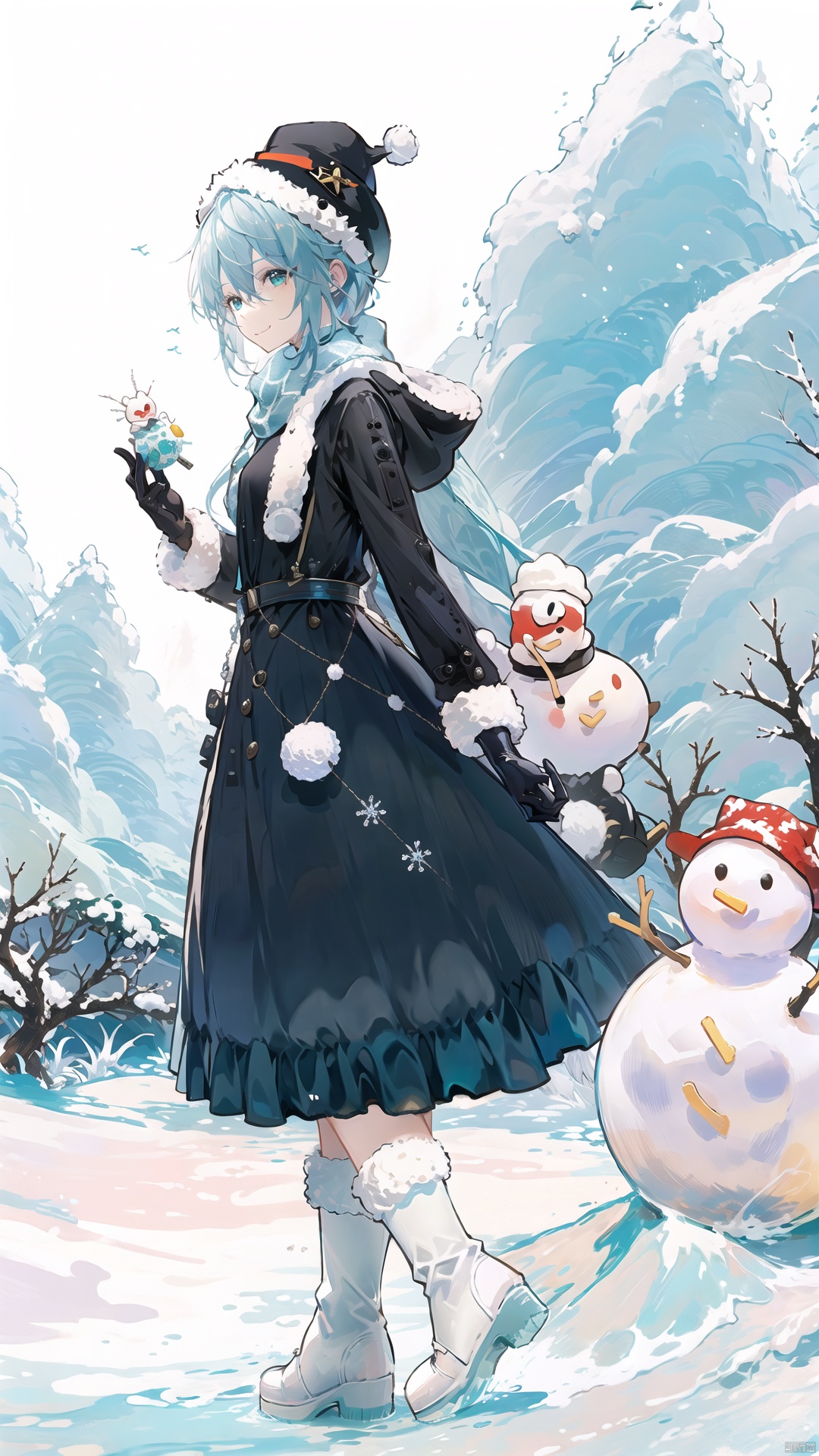 miku,winter,snowman,scarf,hat,gloves,boots,coat,smile,cute,blue,white,cold,frozen,fun,anime