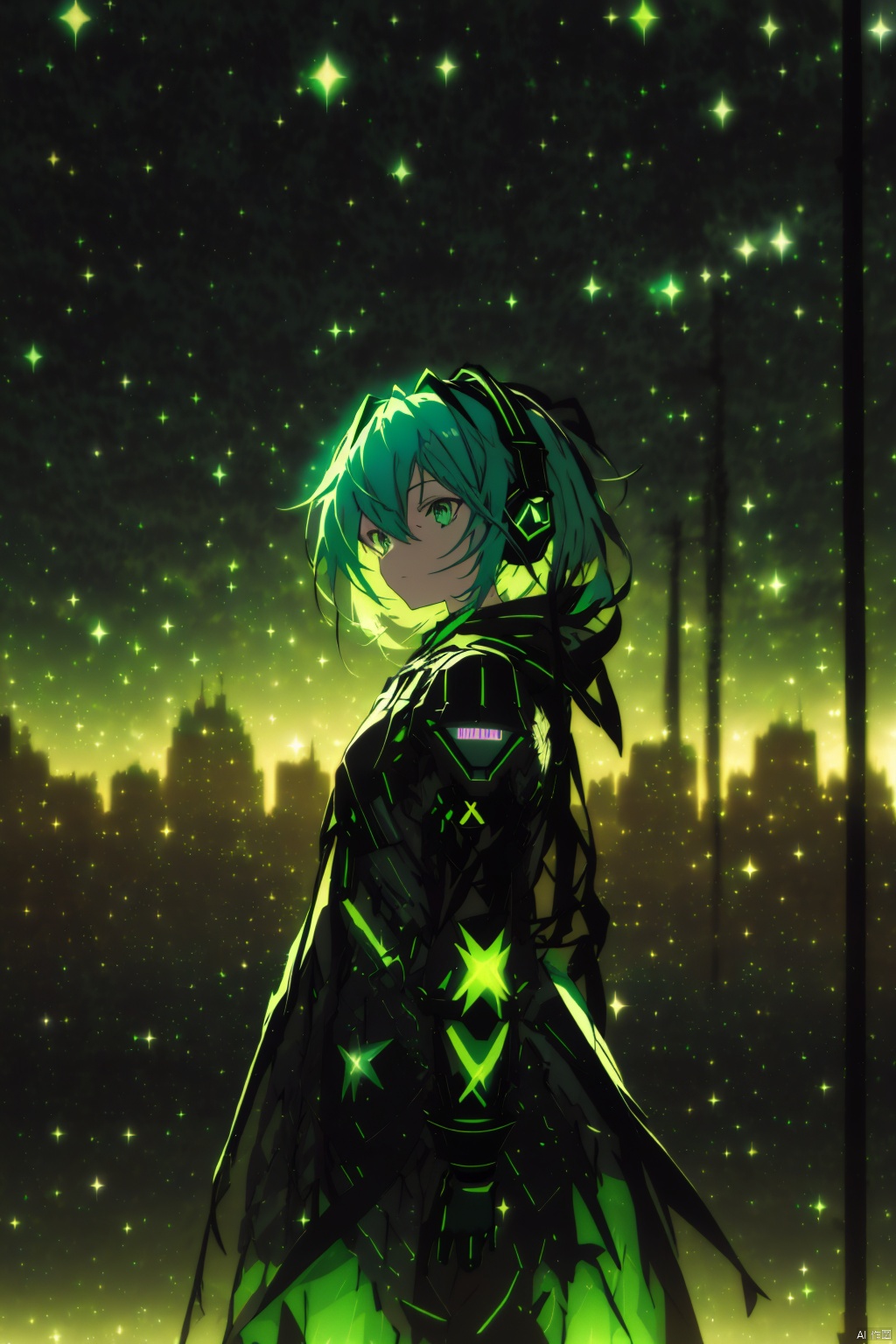 miku, green eyes, headphones, futuristic outfit, cityscape background, night scene, stars, long shot, neon light, (hdr:1.6), low contrast, (cyberpunk, cool:0.8), (dark colors, metallic colors, edgy tones:1.2), medium saturation, digital style