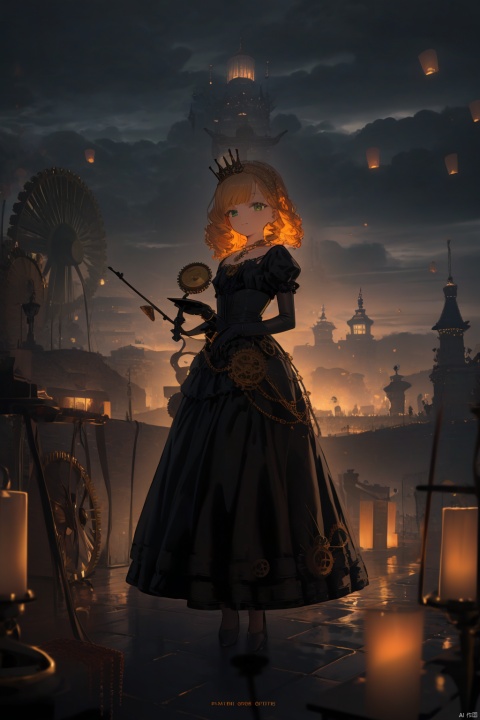 1princess, steampunk castle, mechanical gears, close-up, regal posture, contemplative gaze, holding rose, slight smile, emerald eyes, jeweled crown, golden hair, curls at ends, elegant gown, corseted bodice, puffed sleeves, lace gloves, clockwork pendant, brass telescope, cogwheel patterns, iron parapets, distant airships, cloudy skies, warm lanterns, soft sepia tones, depth of field, steam plumes