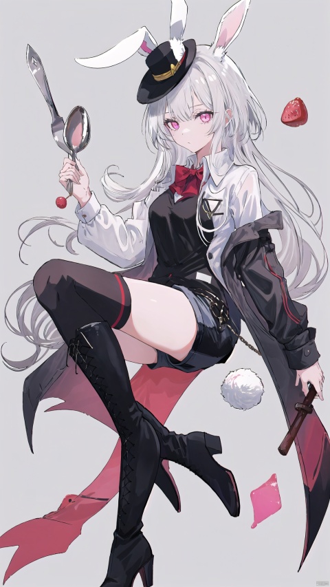 1girl, solo, long hair, looking at viewer, shirt, thighhighs, long sleeves, hat, animal ears, tail, white shirt, weapon, white hair, boots, food, shorts, sword, pink eyes, black footwear, rabbit ears, high heels, thigh boots, black shorts, rabbit tail, top hat, spoon, rabbit girl, backlight