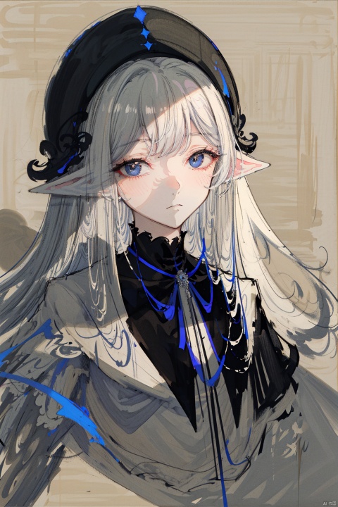 (((masterpiece, best quality))), 1girl, solo, ethereal elf, black eyes, white hair with black gradient highlights, long flowing hair, floating strands, elegant robe with capelet, intricate design details, long sleeves, mysterious skull accessory, cropped torso (sketch: 1.3), cropped background, upper body focus, hauntingly empty eyes, subtle expression, shaded face, fatigue implied, //////////////, 372089