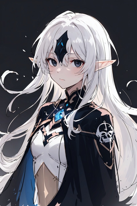  cropped background, cropped torso
(sketch:1.3), 
1girl, solo, elf,
black eyes, (white hair), black gradient hair, (long hair), floating hair,
robe, capelet, long sleeves, skull,
(upper body), (fatigue), empty eyes, light frow, shaded face,
