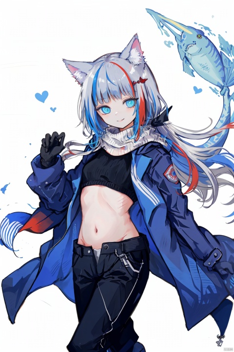 nai3, 1girl, animal ears, cat ears, gawr gura, virtual youtuber, tail, solo, streaked hair, blue eyes, navel, multicolored hair, coat, scarf, gloves, smile, looking at viewer, pants, bangs, cherry blossom tree, side ponytail, blue coat, fish tail, shark tail, grey hair, hair ornament, blue hair, blunt bangs, midriff, stomach, closed mouth, cat tail, long hair, sneakers, collarbone, snow, white background