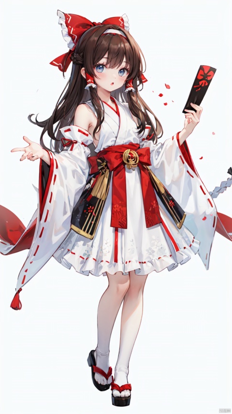 1girl, reimu hakurei, brown hair, red eyes, shrine maiden, miko, hair ribbon, red ribbon, white dress, red dress, bow, gohei, ofuda, yin_yang_orb, solo, smile, looking at viewer, simple background, white background, long hair, hair over shoulder, detached sleeves, red sleeves, white sleeves, frills, ribbon, hairband, red hairband, white hairband, full body, standing, pose, cute, colors, highres