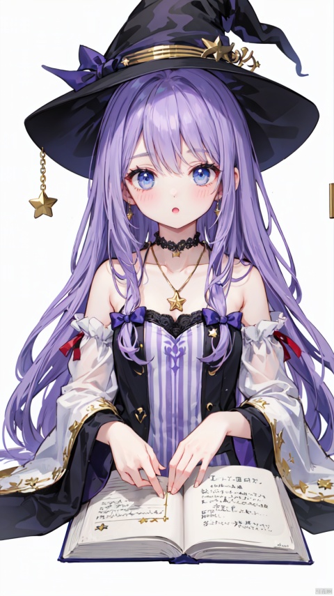 1girl, patchouli knowledge, purple hair, purple eyes, witch, hat, witch hat, black hat, gold ribbon, ribbon, bow, dress, purple dress, white dress, frills, detached sleeves, purple sleeves, white sleeves, solo, smile, looking at viewer, simple background, white background, long hair, hair over shoulder, book, magic book, magic, star, star shape, star pendant, pendant, necklace, jewelry, upper body, pose, cute, colors, highres