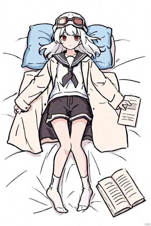 1girl, solo, long hair, looking at viewer, bangs, shirt, red eyes, long sleeves, hat, full body, white shirt, white hair, lying, shorts, socks, on back, sailor collar, coat, pillow, book, short shorts, bed, on bed, no shoes, black shorts, white socks, goggles, goggles on head