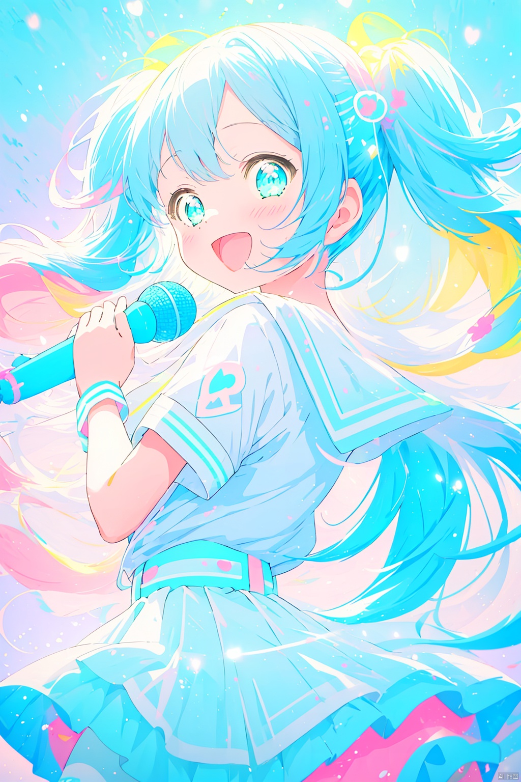 girl, blue hair, twin tails, school uniform, white background, microphone, singing, close-up, soft light, (hdr:1.2), medium contrast, (anime, kawaii:0.9), (bright colors, vivid colors, cheerful tones:1.4), high saturation, cartoon style, backlight