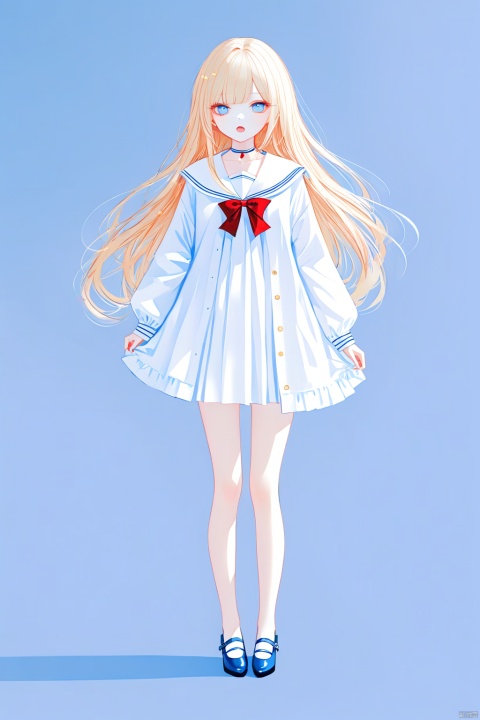 [iumu], [Sheya], [Artist chen bin], masterpiece, best quality, high quality, 1girl, solo, long hair, looking at viewer, playful, side bangs, sailor uniform, blonde hair, blue eyes, choker, open mouth, standing, full body, no braid, no stockings, no earrings, heels, no open clothes, alternate costume, no belt, no flowing bangs, no glasses, white and blue sailor uniform with a red bow, no tassel, blue heels.