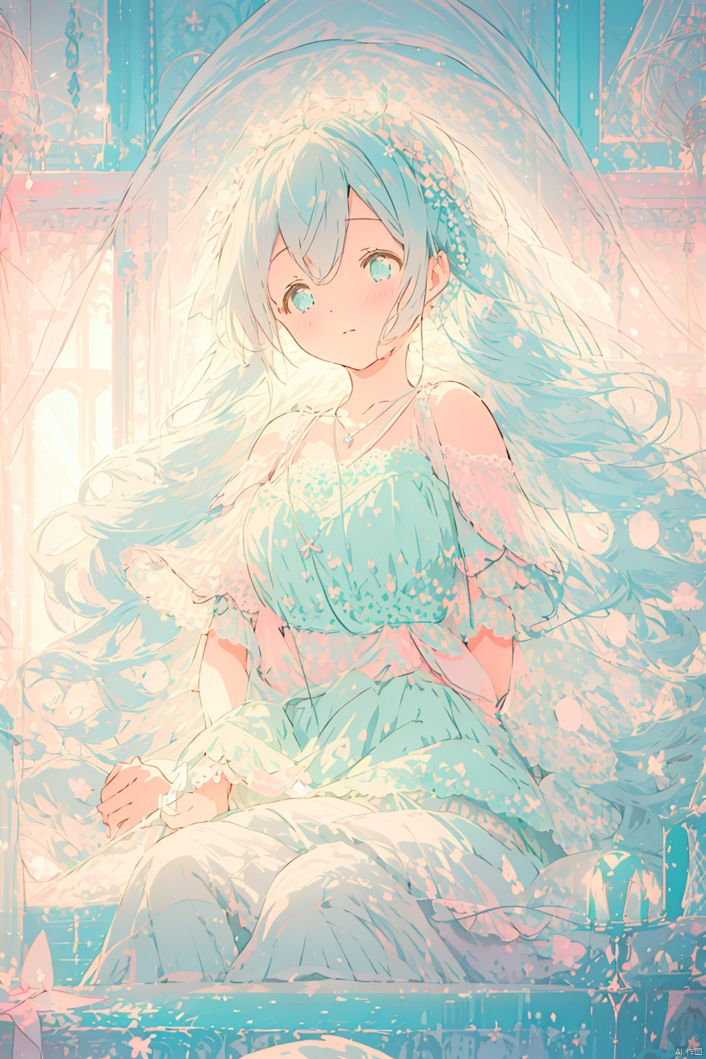 miku, aqua hair, ribbon, surprised, lace dress, pink dress, flower necklace, castle background, chandelier, curtains, exposure blend, close-up, high angle, soft light, (hdr:1.2), medium contrast, (romantic, elegant:0.7), (pastel colors, soft colors, gentle tones:1.4), low saturation, sketch style
