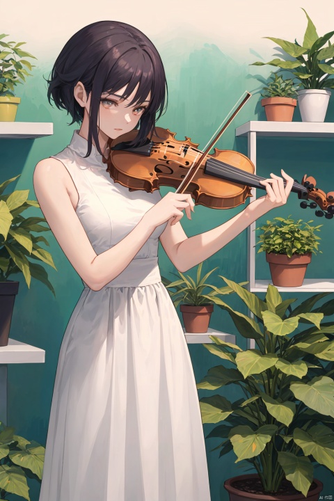 The image features a woman playing a violin in a room, surrounded by a colorful and futuristic background. She is dressed in a white dress and is standing next to a potted plant. The room is adorned with several potted plants, some of which are placed near the woman and others scattered around the space. The overall atmosphere of the image is vibrant and artistic, with the woman's performance adding a touch of elegance to the scene.., jingliu (honkai: star rail),